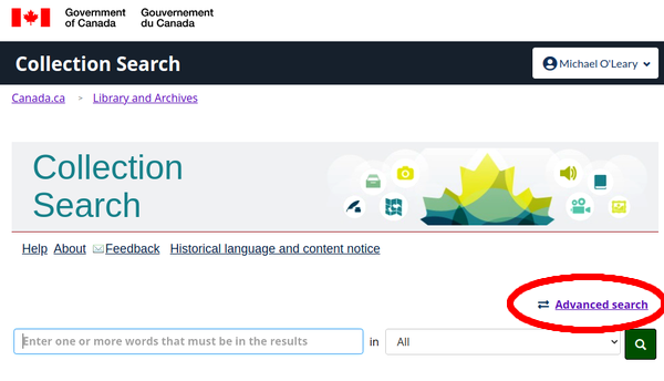 The basic search form for Collection Search at the Library and Archives Canada website.