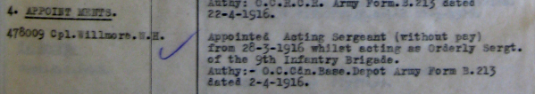 An excerpt from the Daily Orders (Part II) of The Royal Canadian Regiment, dated 30 April 1916, showing the appointment to acting rank of an NCO while employed in a specific job.