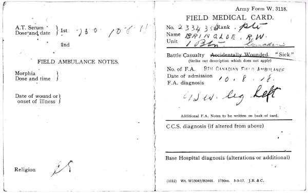 Sample of a Field Medical Card from the CEF service record of 2334356 Private Robert William Bringloe.