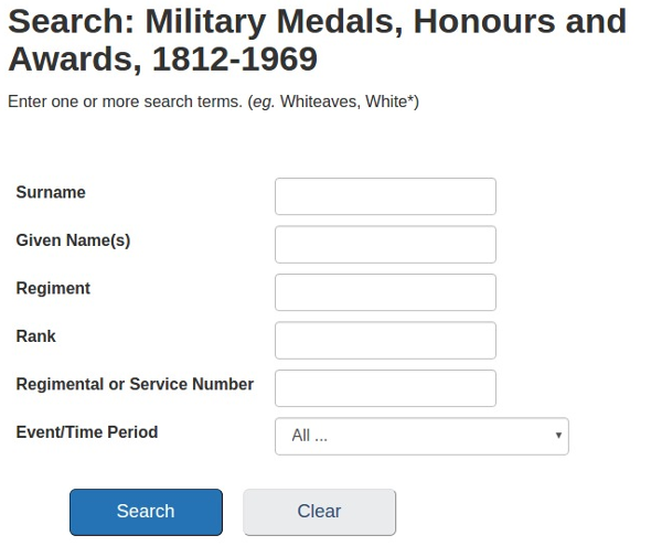  the Library and Archives Canada database of Medals, Honours and Awards.