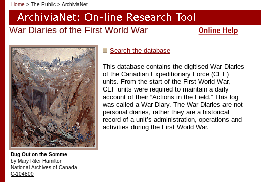 The search form at the Library and Archives Canada War Diaries of the First 