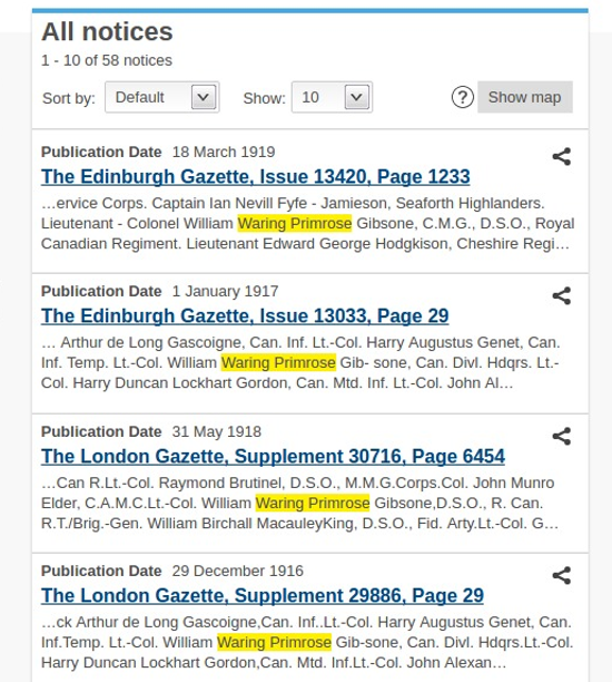 London Gazette search results for the uncommon middle names of Major-General Gibsone.