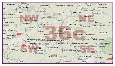 From the McMaster University First World War map collection website, this map graphic shows the arrangement of the four quarters (NW, NE, SW, SE) of a single mapsheet (36c).