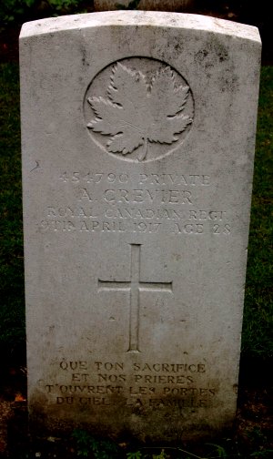 CWGC headstone for Pte Armand Crevier