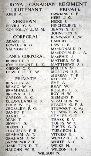 Pte Leo Landry is included among the names of Royal Canadians who fell in the Ypres Salient and have no known grave and inscribed on the Menin Gate (Ypres) Memorial. Photo by Judy Rieck, a member of the Great War Forum.